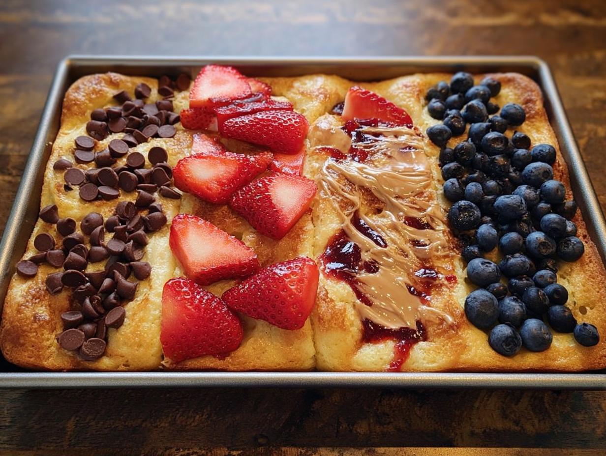 A sheet pan of fluffy pancakes topped with chocolate chips, strawberries, peanut butter, jelly, and blueberries. A perfect 10-ingredient breakfast idea.