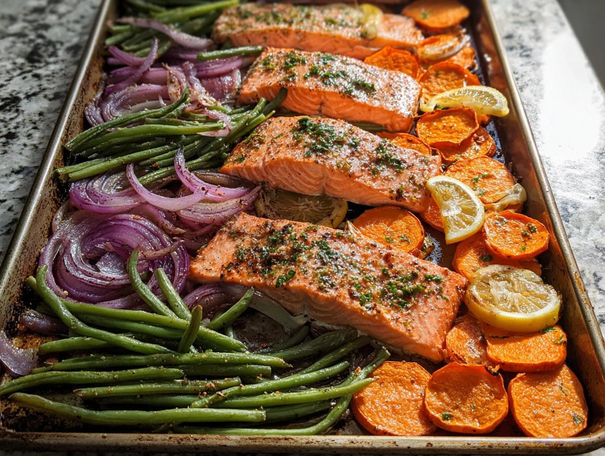 Four fillets of salmon seasoned and baked on a sheet pan with sliced sweet potatoes, green beans, red onions, and lemon wedges.