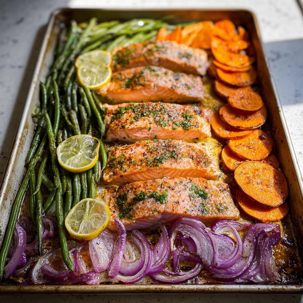 A sheet pan filled with seasoned salmon fillets, green beans, sliced sweet potatoes, and red onions, perfect for salmon recipes meal prep.