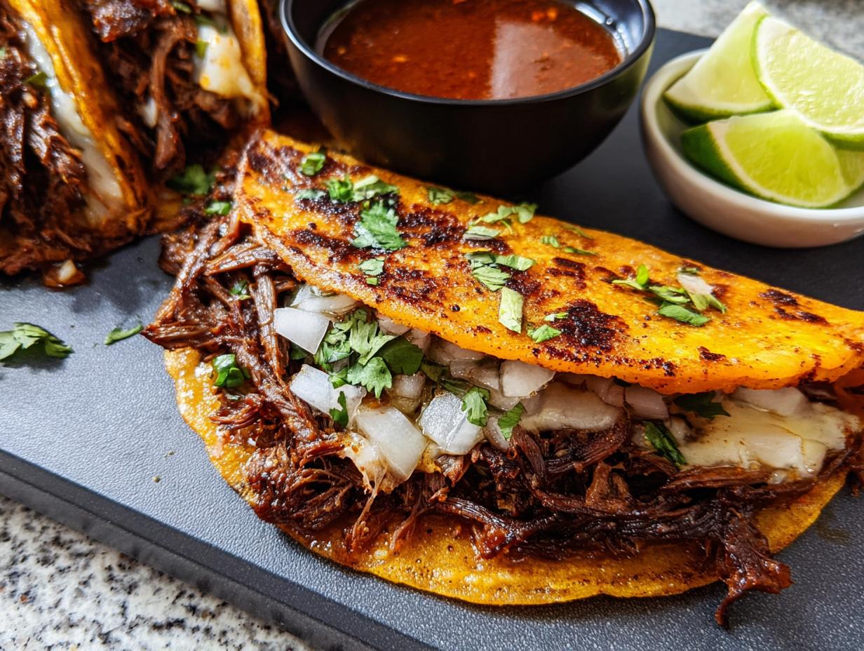Close-up of a crispy shredded beef taco, filled with cheese, onions, and cilantro, served with dipping sauce and lime wedges.