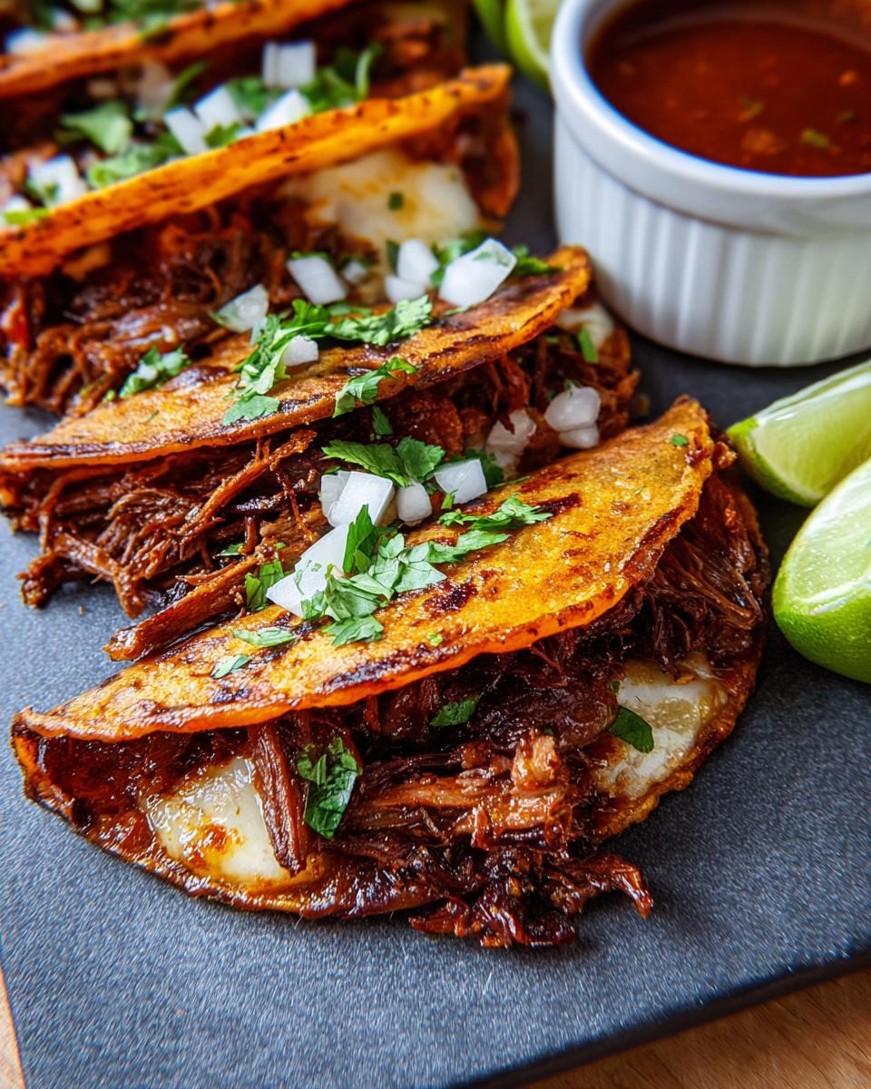 Close-up of three crispy shredded beef tacos topped with diced onions and cilantro, served with lime wedges and dipping sauce.
