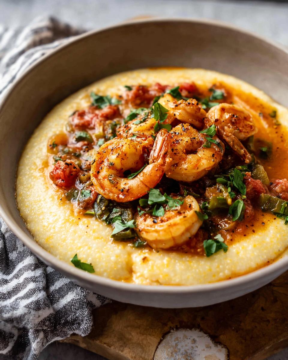 Close-up of creamy grits topped with seasoned shrimp and a rich tomato-based sauce, garnished with fresh parsley. A perfect 25-ingredient shrimp recipe.