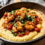 Close-up of shrimp and grits in a cast iron skillet, topped with fresh parsley. A perfect 25-ingredient shrimp recipe.