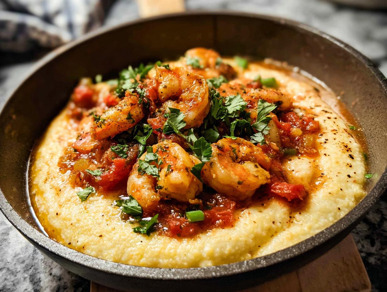 Close-up of shrimp and grits in a cast iron skillet, topped with fresh parsley. A perfect 25-ingredient shrimp recipe.