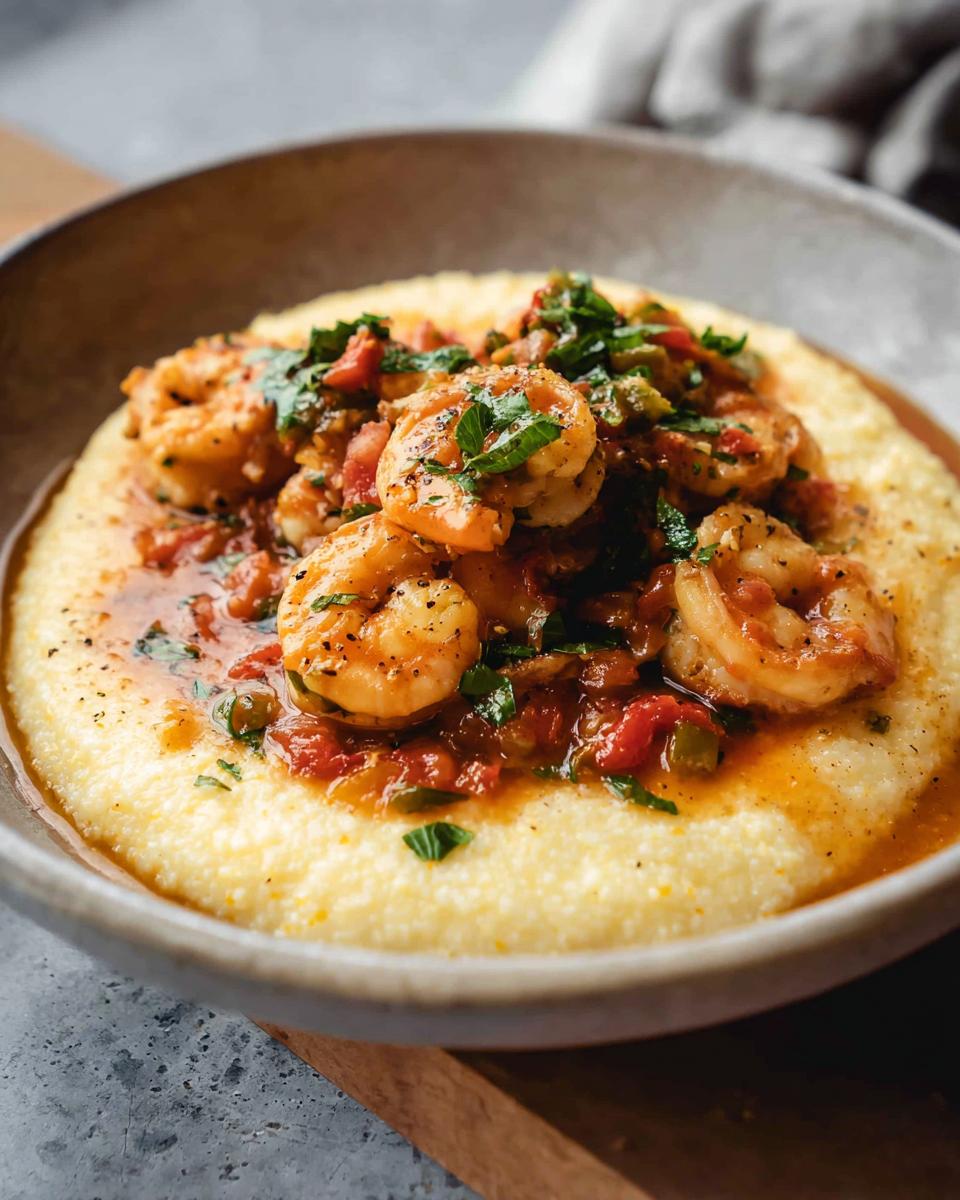 A close-up of shrimp and grits, featuring plump shrimp in a savory sauce over creamy grits, garnished with fresh herbs.
