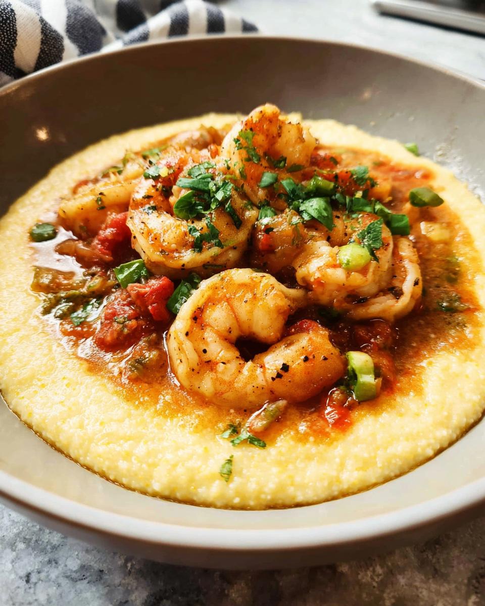 Close-up of flavorful shrimp and grits, featuring plump shrimp in a savory sauce over creamy grits, garnished with fresh herbs.