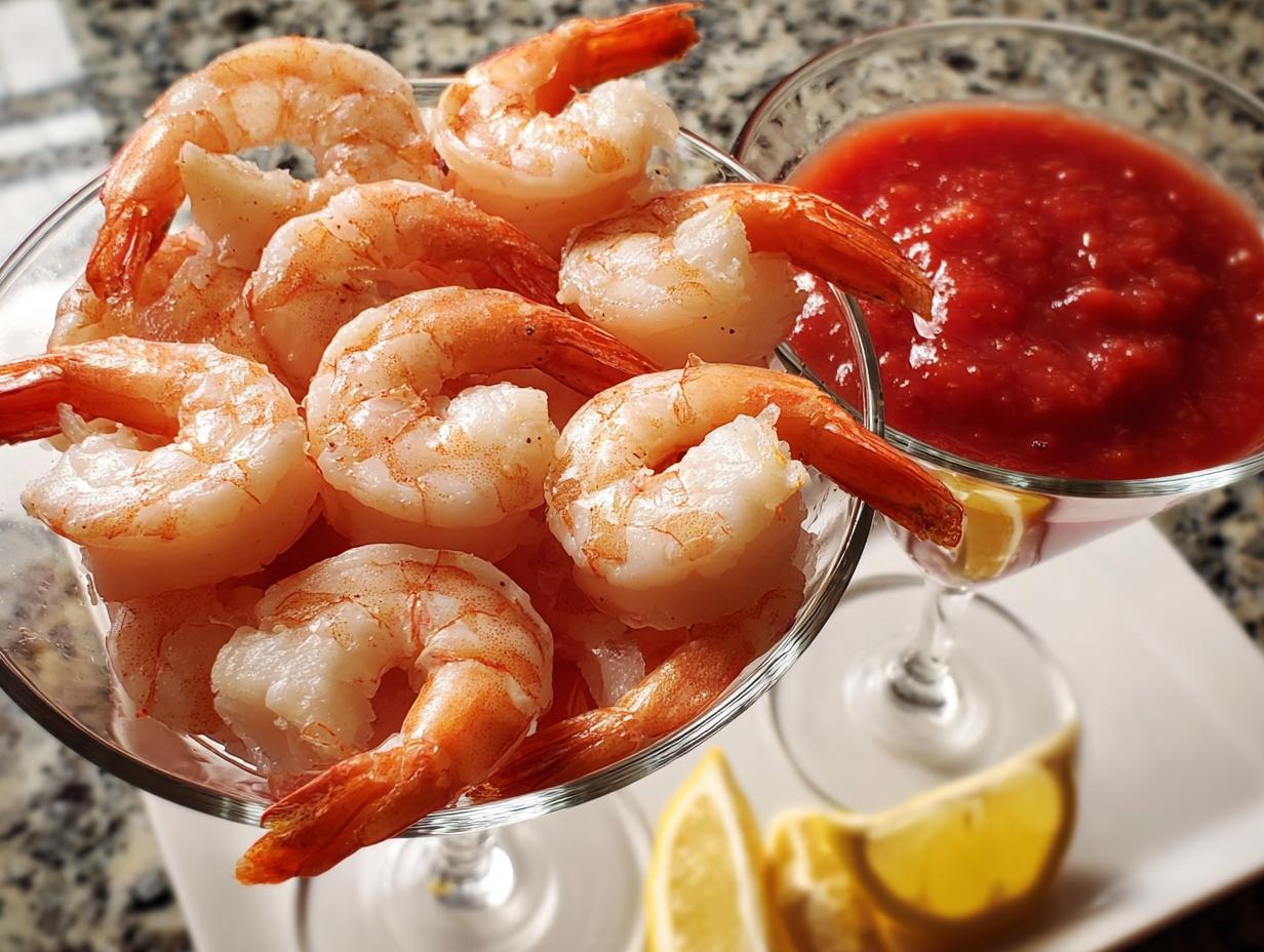 A close-up of a shrimp cocktail appetizer, featuring cooked shrimp in a martini glass with cocktail sauce and lemon wedges.