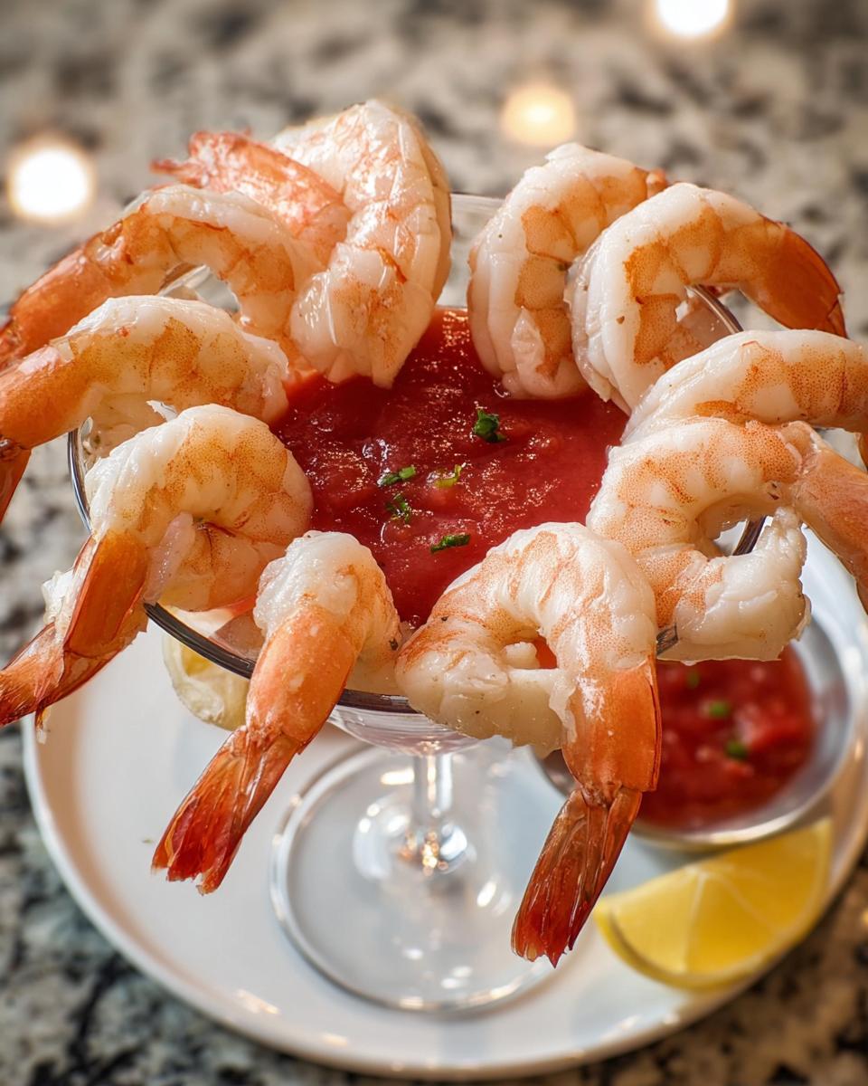A classic shrimp cocktail with large, cooked shrimp arranged around a glass of cocktail sauce, served with a lemon wedge.