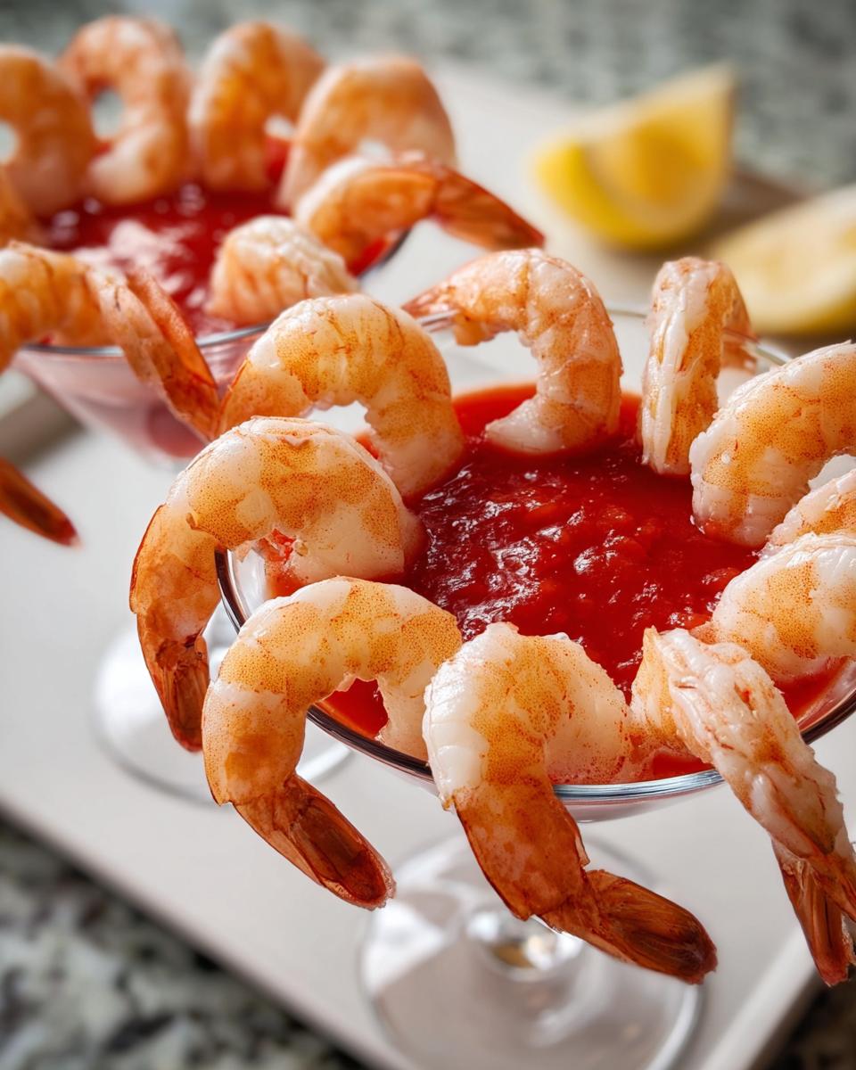 A classic shrimp cocktail recipe featuring cooked shrimp arranged around a martini glass filled with cocktail sauce and lemon wedges.