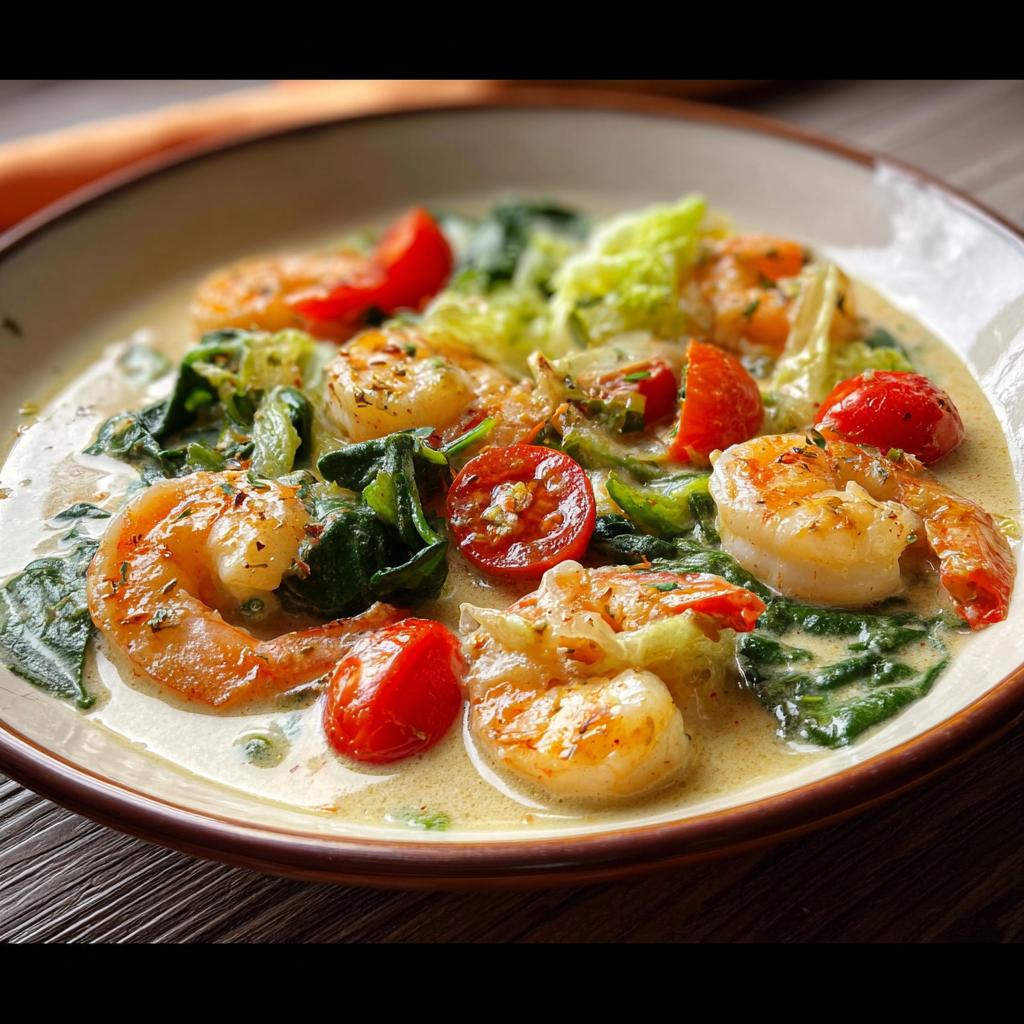 A close-up of a creamy shrimp recipe with cherry tomatoes, spinach, and a light sauce.