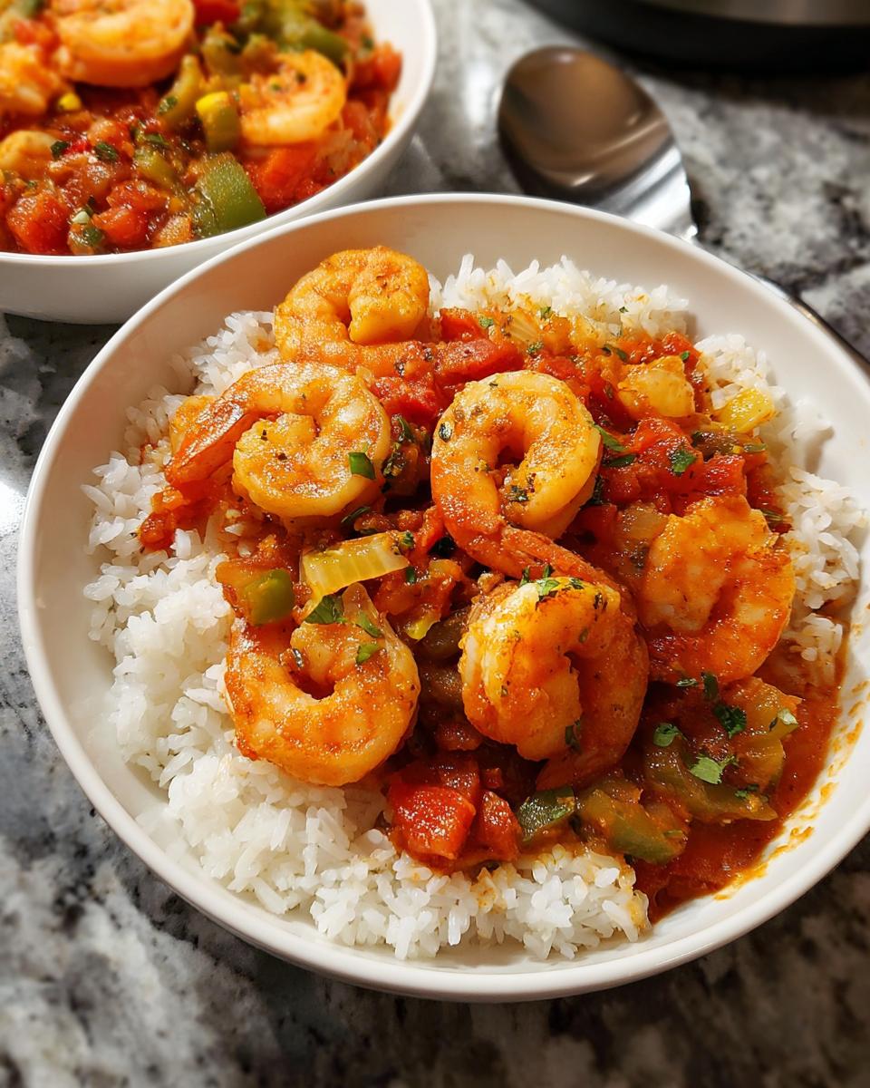 A bowl of white rice topped with a hearty shrimp recipe featuring plump shrimp, tomatoes, bell peppers, and onions.