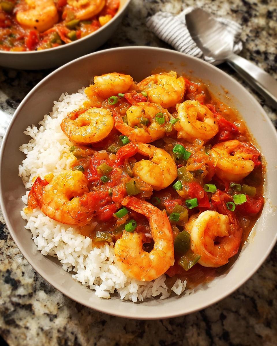 A bowl of white rice topped with succulent shrimp in a rich tomato and pepper sauce, garnished with green onions. A perfect shrimp recipe.