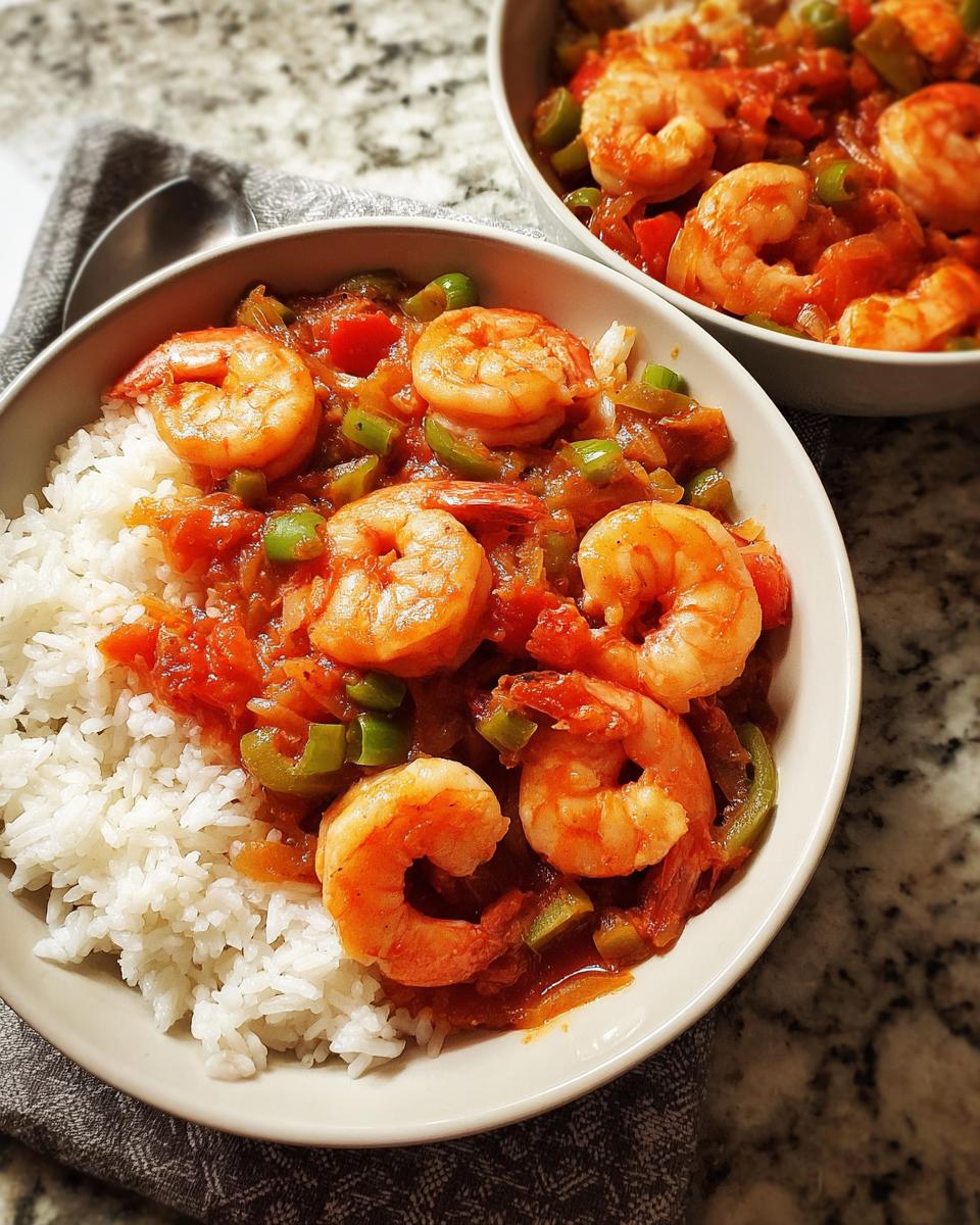 Two bowls of delicious shrimp recipe served over white rice, featuring plump shrimp in a tomato-based sauce with peppers and onions.