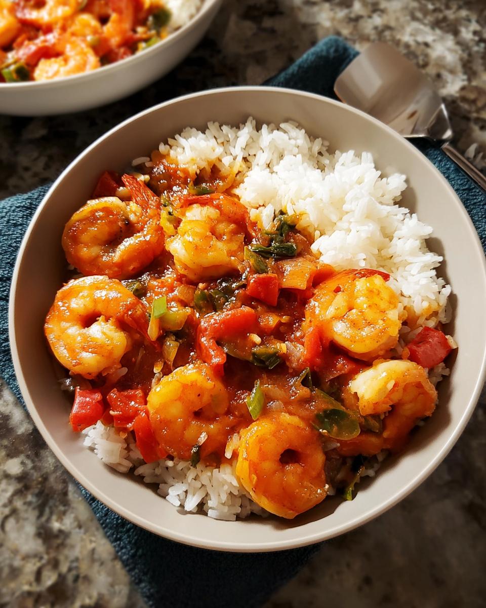 A bowl of white rice topped with a flavorful shrimp and vegetable stew, perfect for shrimp recipes.