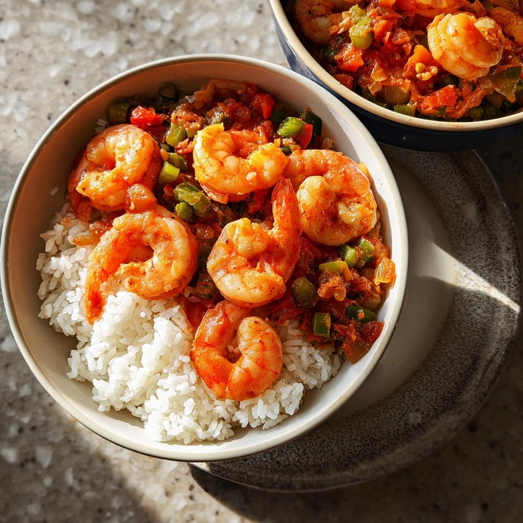 A bowl of white rice topped with a flavorful shrimp and vegetable stew, perfect for shrimp recipes.