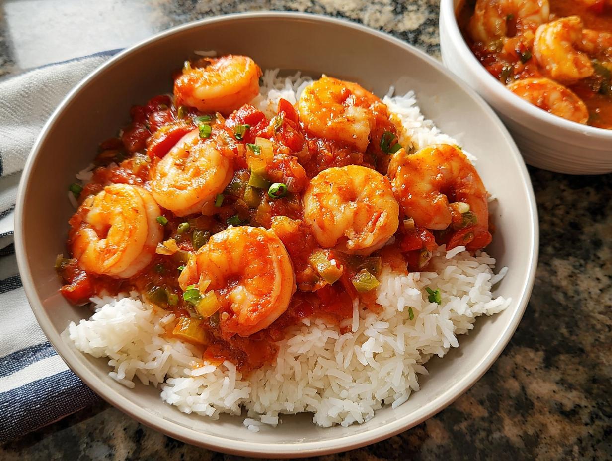 A bowl of fluffy white rice topped with a flavorful shrimp and tomato sauce, perfect for shrimp recipes.