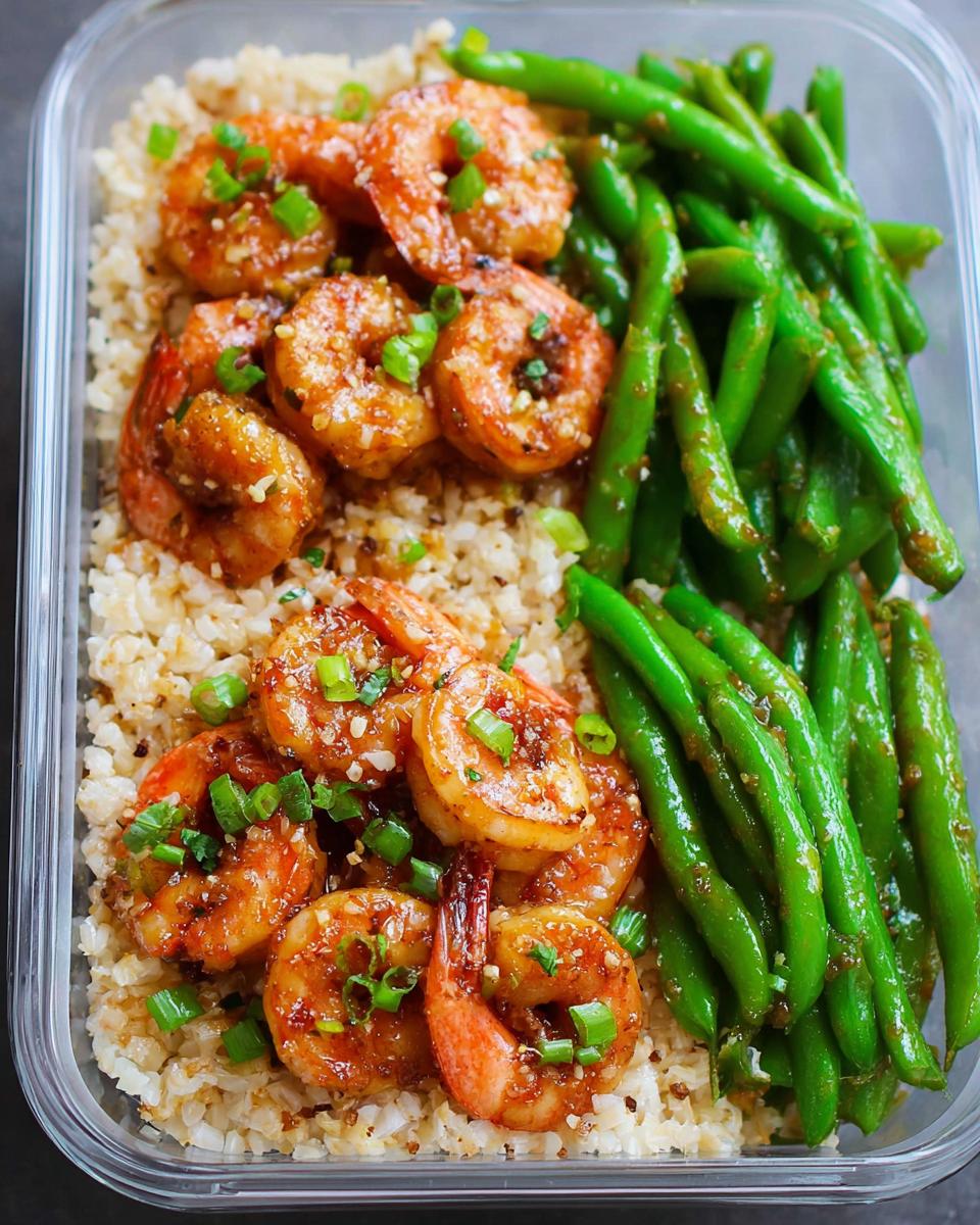A meal prep container filled with brown rice, glazed shrimp, and green beans, topped with chopped green onions.