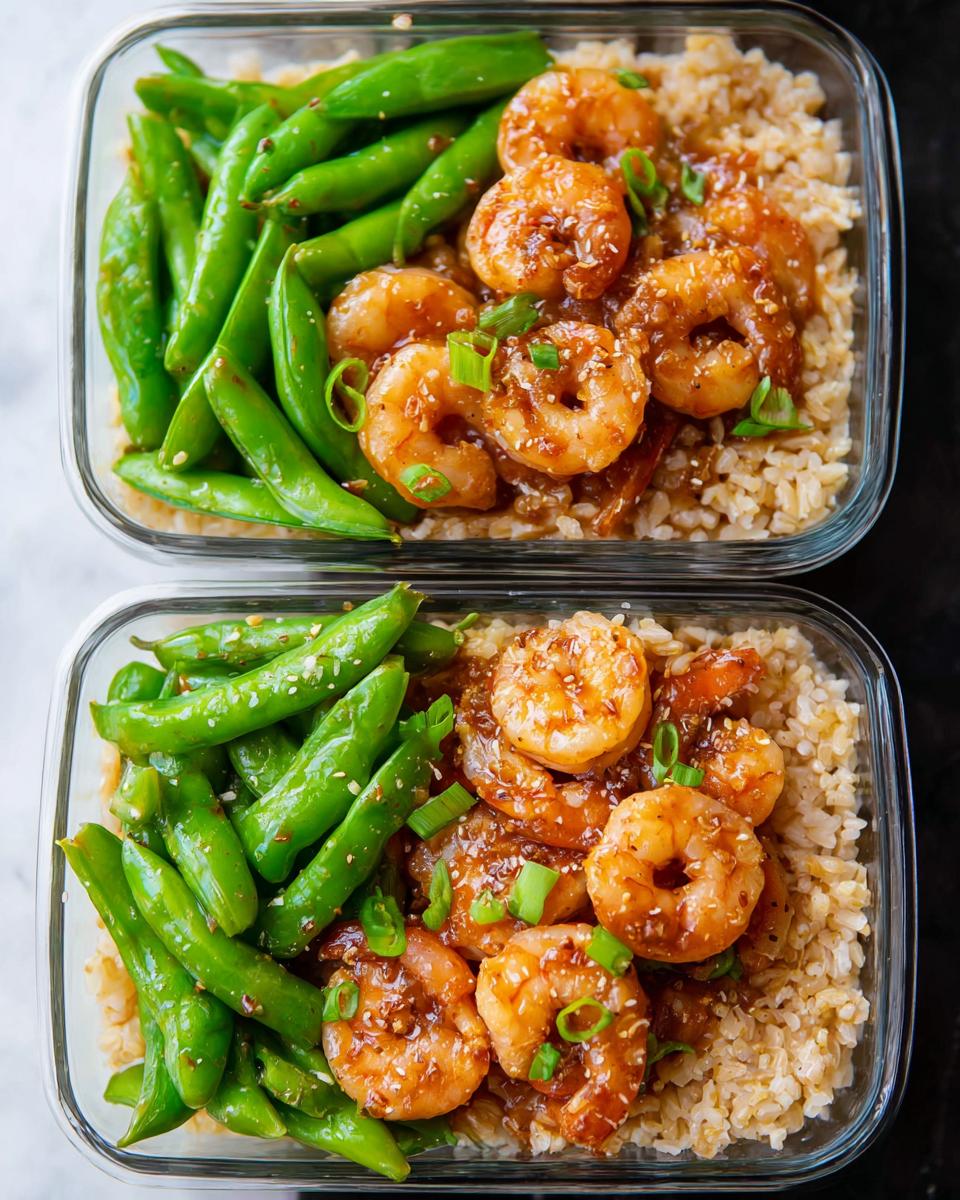 Two meal prep containers filled with shrimp recipes: glazed shrimp, brown rice, and snow peas.