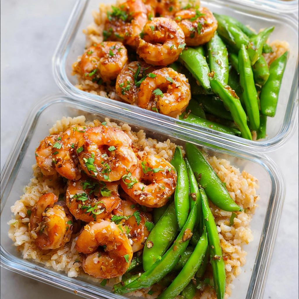 Two glass meal prep containers filled with brown rice, glazed shrimp, and snap peas, perfect for shrimp recipes meal prep.