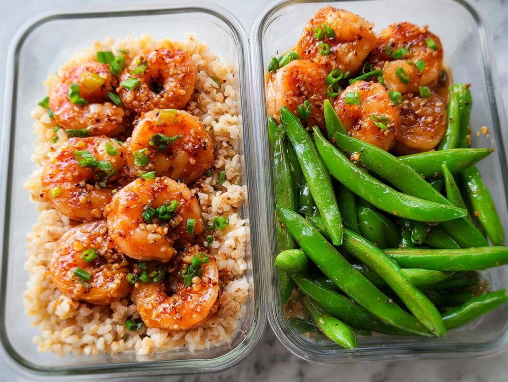 Two meal prep containers filled with shrimp recipes: one with shrimp and brown rice, the other with shrimp and snap peas.