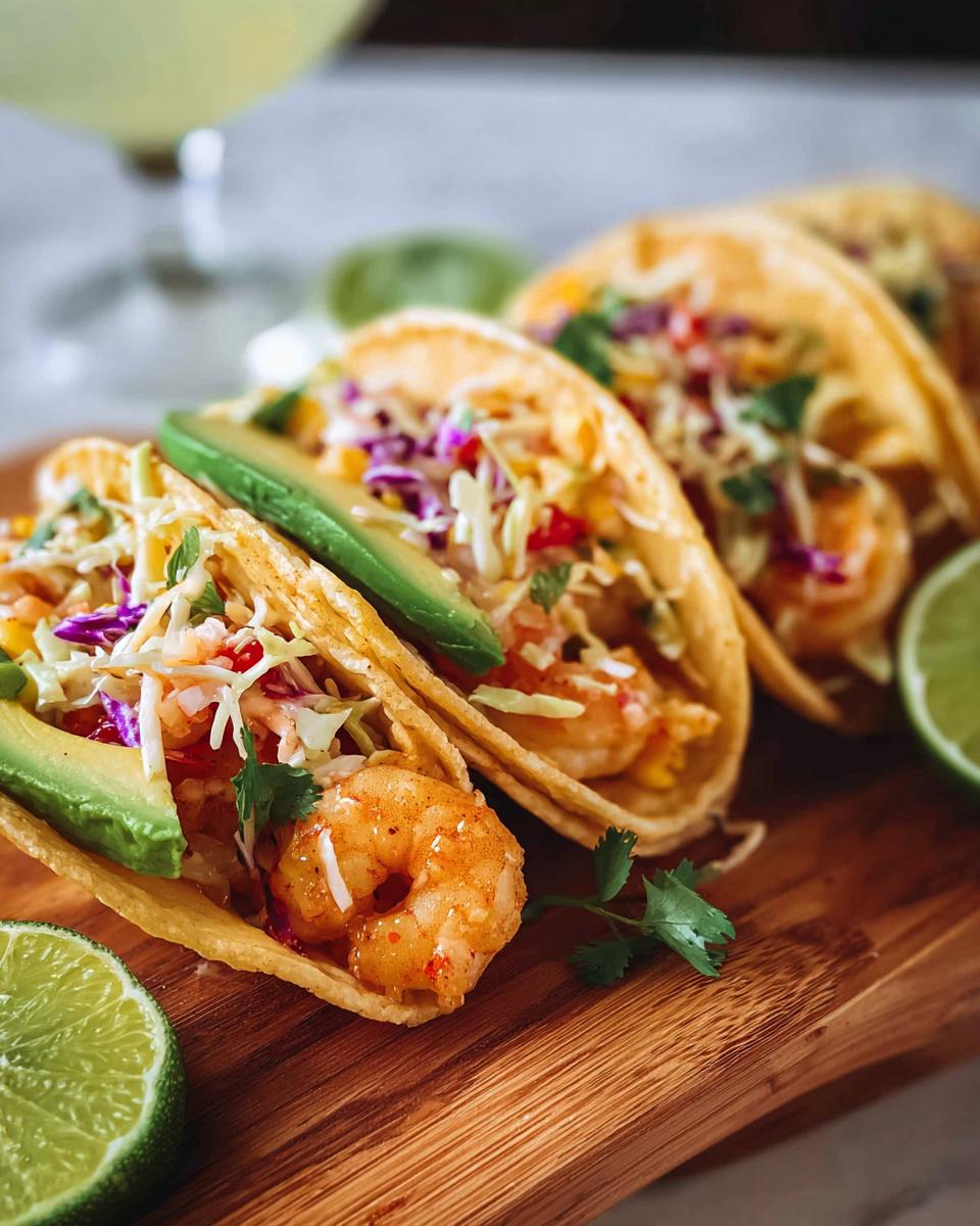 Close-up of three shrimp tacos filled with shrimp, avocado, and slaw, a perfect example of quick shrimp recipes.