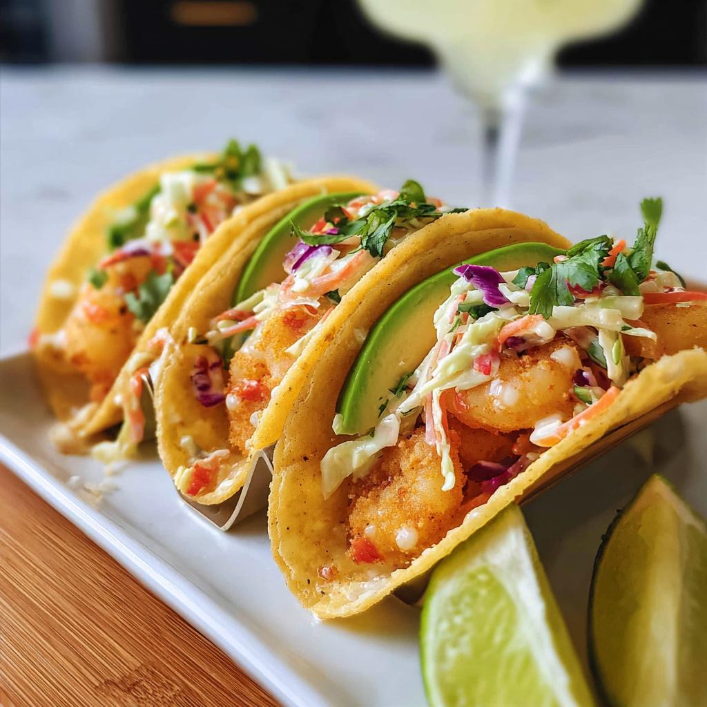 Three crispy shrimp tacos filled with avocado, coleslaw, and cilantro, served with lime wedges.
