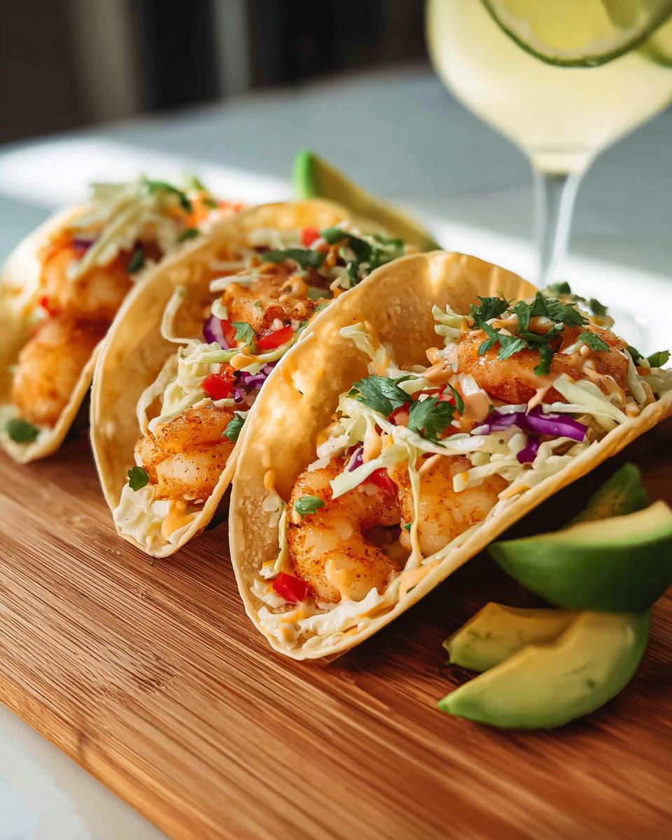 Three delicious shrimp tacos with shredded cabbage, red onion, cilantro, and a drizzle of sauce, served with avocado slices.