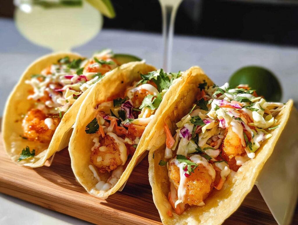 Three delicious shrimp tacos filled with crispy shrimp, slaw, and cilantro, perfect for quick shrimp recipes.