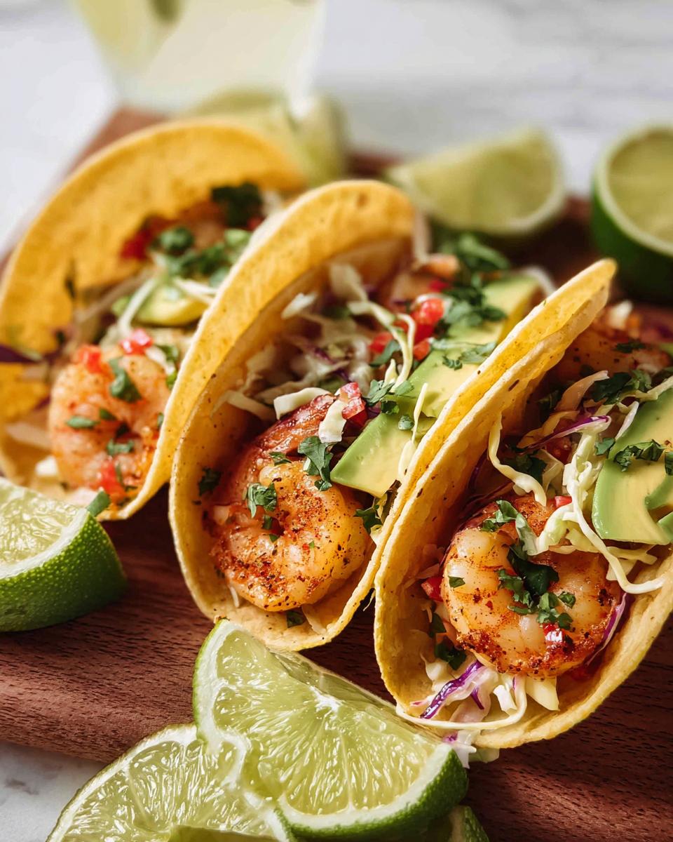 Three delicious shrimp tacos filled with seasoned shrimp, avocado, slaw, and cilantro, served with lime wedges.