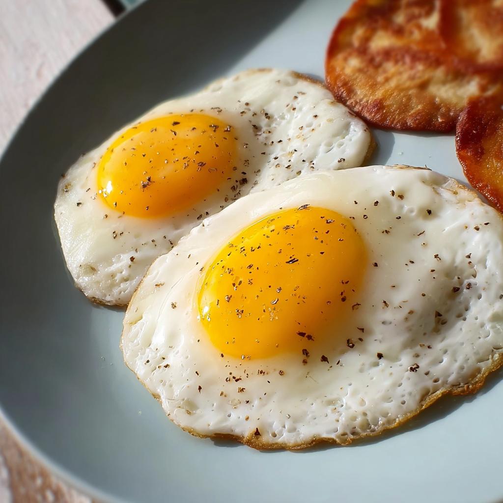 Two perfectly fried eggs with runny yolks, seasoned with pepper, served on a blue plate.