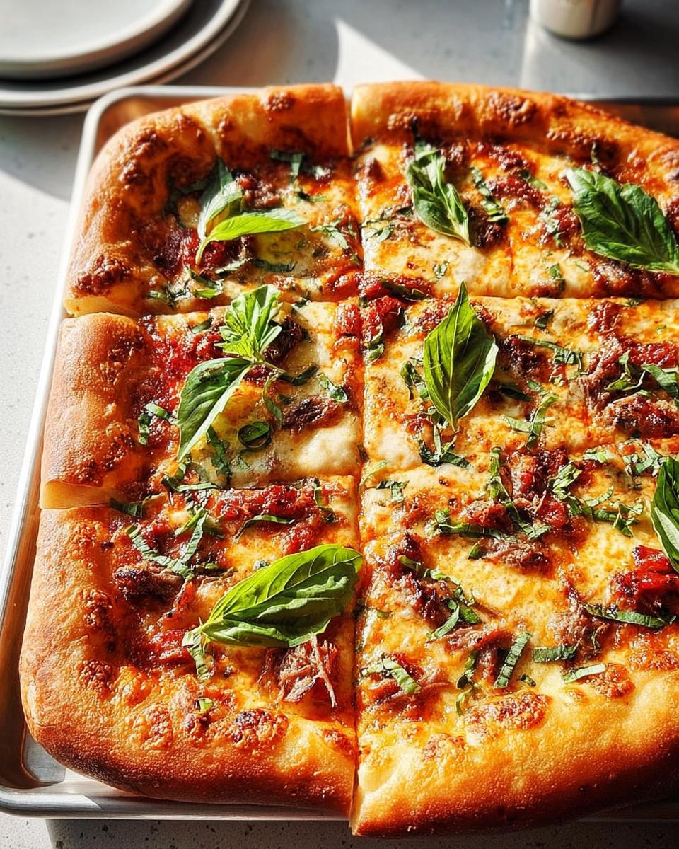 A close-up of a freshly baked pizza, cut into squares, topped with melted cheese, tomato sauce, and fresh basil leaves.