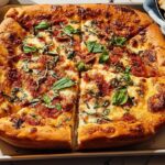 A delicious square pizza with melted cheese, tomato sauce, and fresh basil, perfect for Pizza Night Recipes in 10 Minutes.