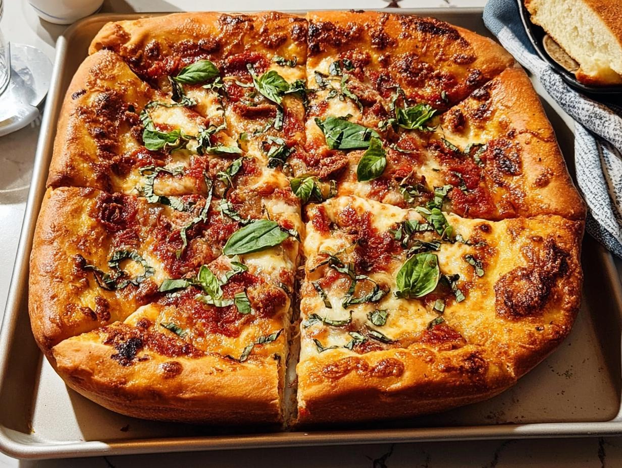 A delicious square pizza with melted cheese, tomato sauce, and fresh basil, perfect for Pizza Night Recipes in 10 Minutes.