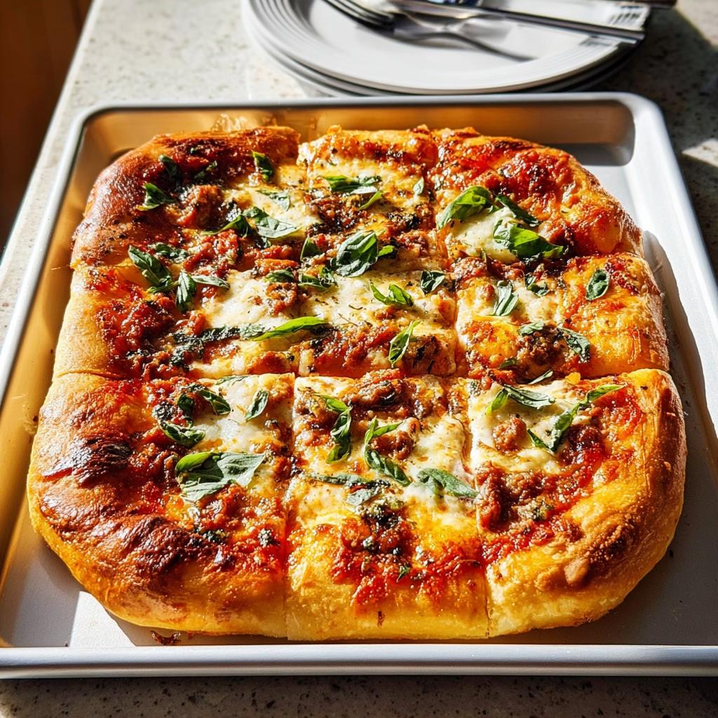 A freshly baked square pizza, cut into slices, topped with tomato sauce, cheese, and fresh basil. Perfect for Pizza Night Recipes.