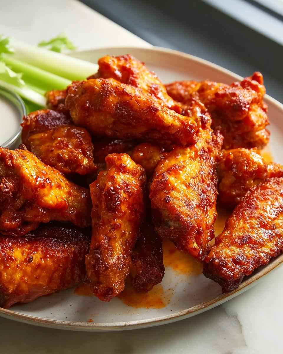 A close-up of a plate of delicious, spicy chicken wings, served with celery sticks and dipping sauce.