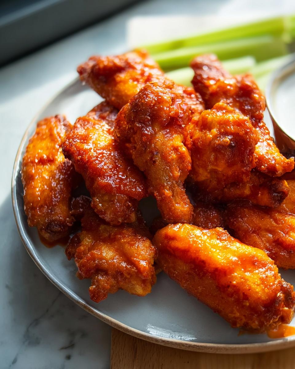 A plate of delicious, glossy spicy chicken wings served with celery sticks and dipping sauce.