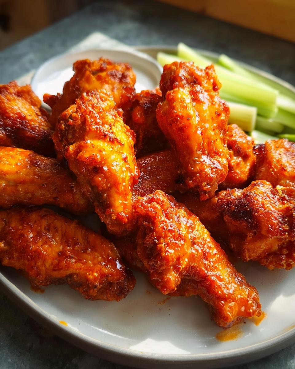 A plate of delicious, glossy spicy chicken wings served with celery sticks and a side of dip.