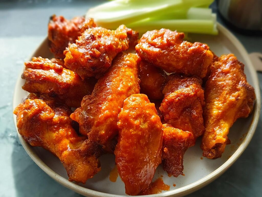 A plate of spicy, glazed chicken wings, perfect for quick weeknight meals.