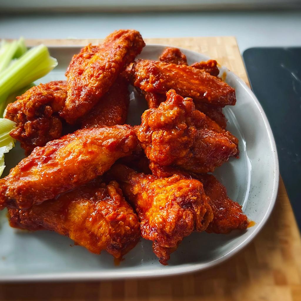 A plate of delicious, spicy chicken wings with celery sticks, perfect for busy weeknights.