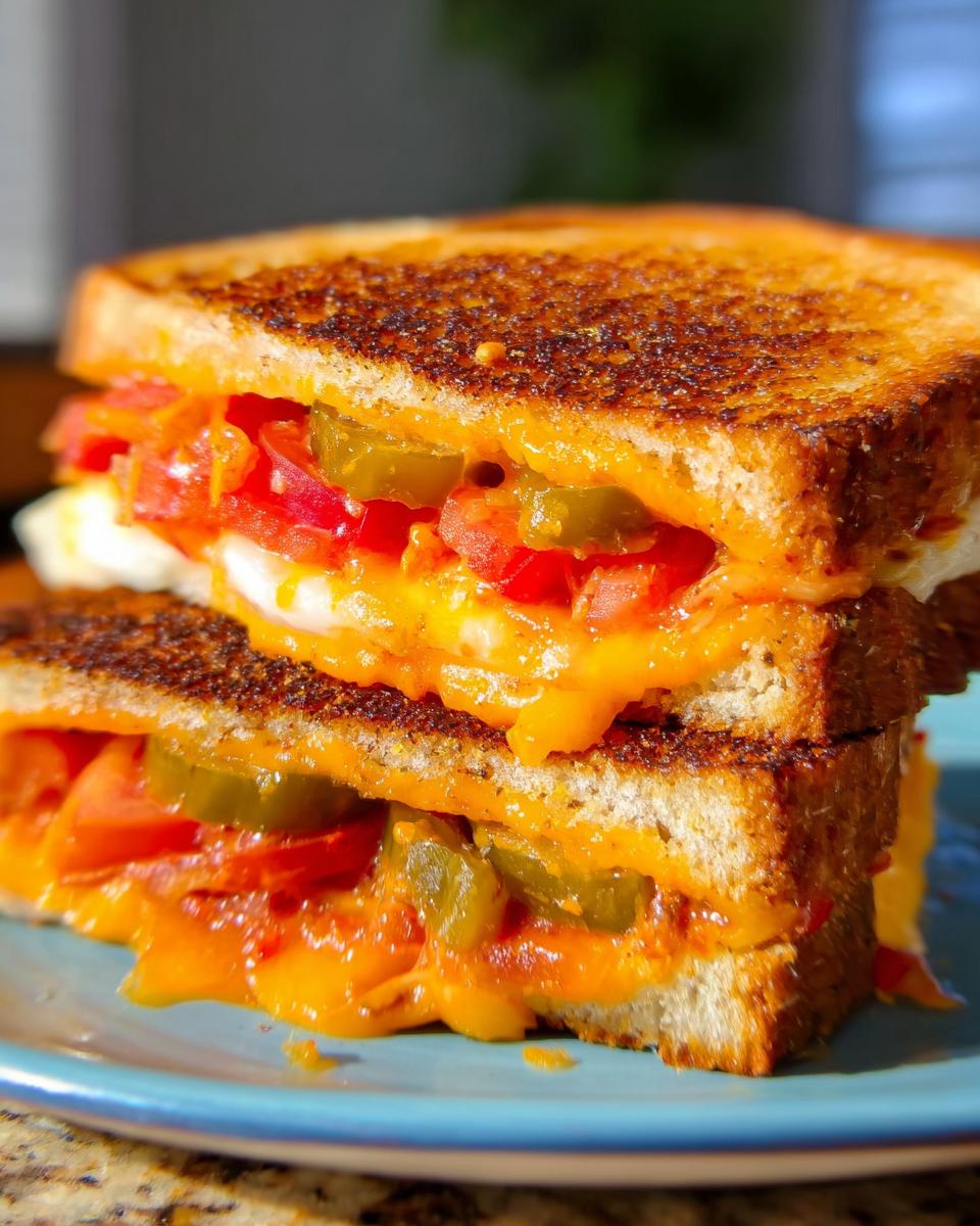 A stack of two halves of a spicy jalapeno and tomato grilled cheese sandwich, with melted cheese oozing out.