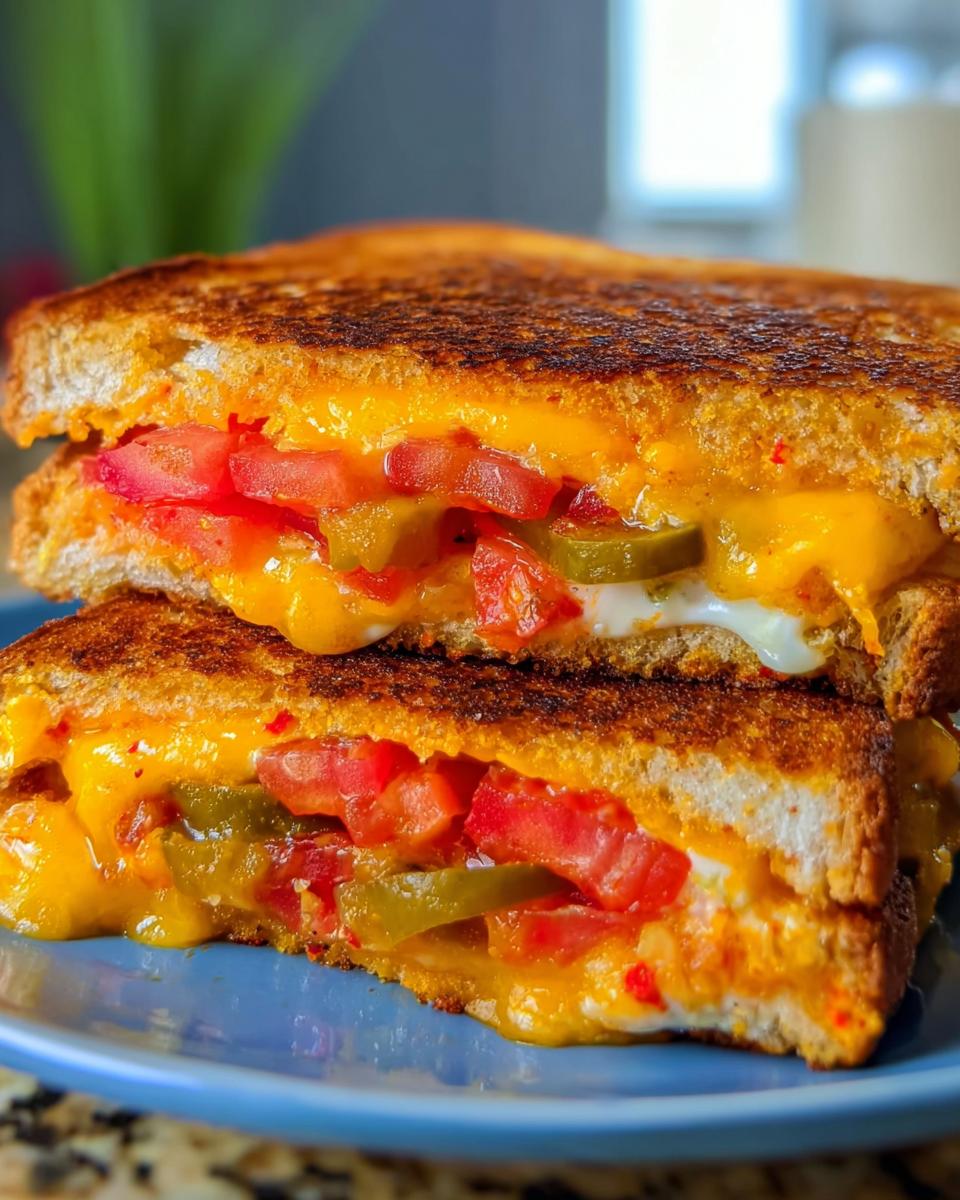 Close-up of a delicious grilled cheese sandwich filled with melted cheese, tomatoes, and jalapenos.