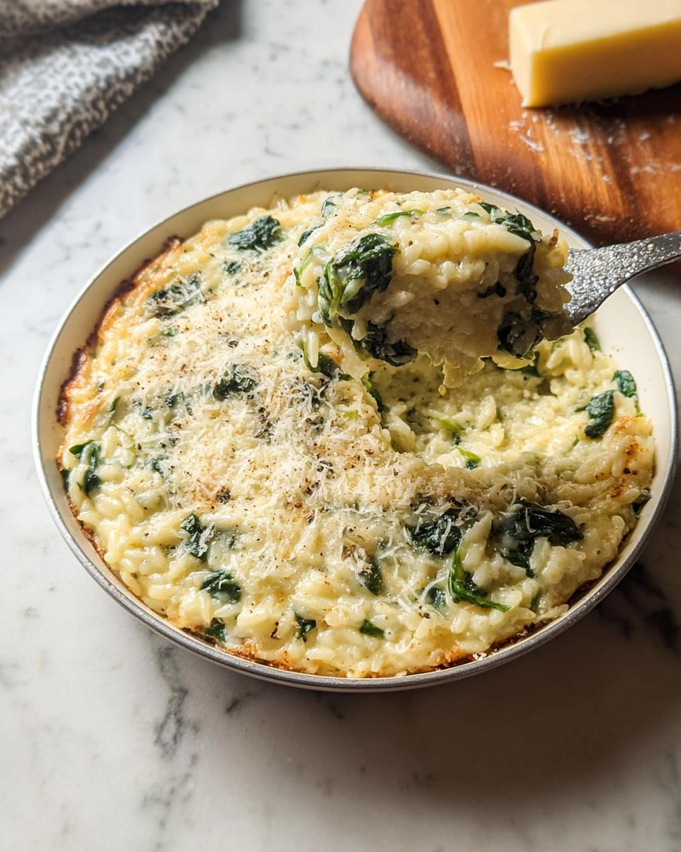 A serving spoon lifts a portion of creamy spinach risotto from a baking dish, topped with grated cheese.