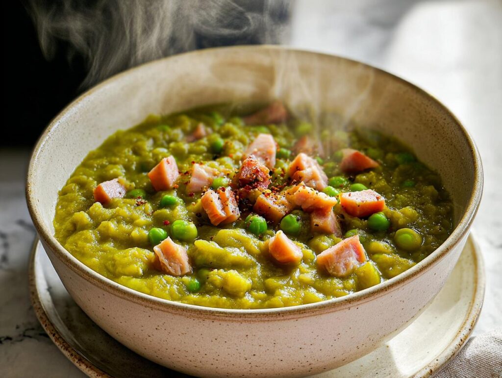 A steaming bowl of split pea soup with chunks of ham and whole peas, perfect for learning how to make soup recipes.