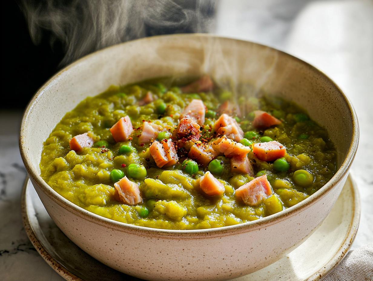 A steaming bowl of split pea soup with chunks of ham and whole peas, perfect for learning how to make soup recipes.