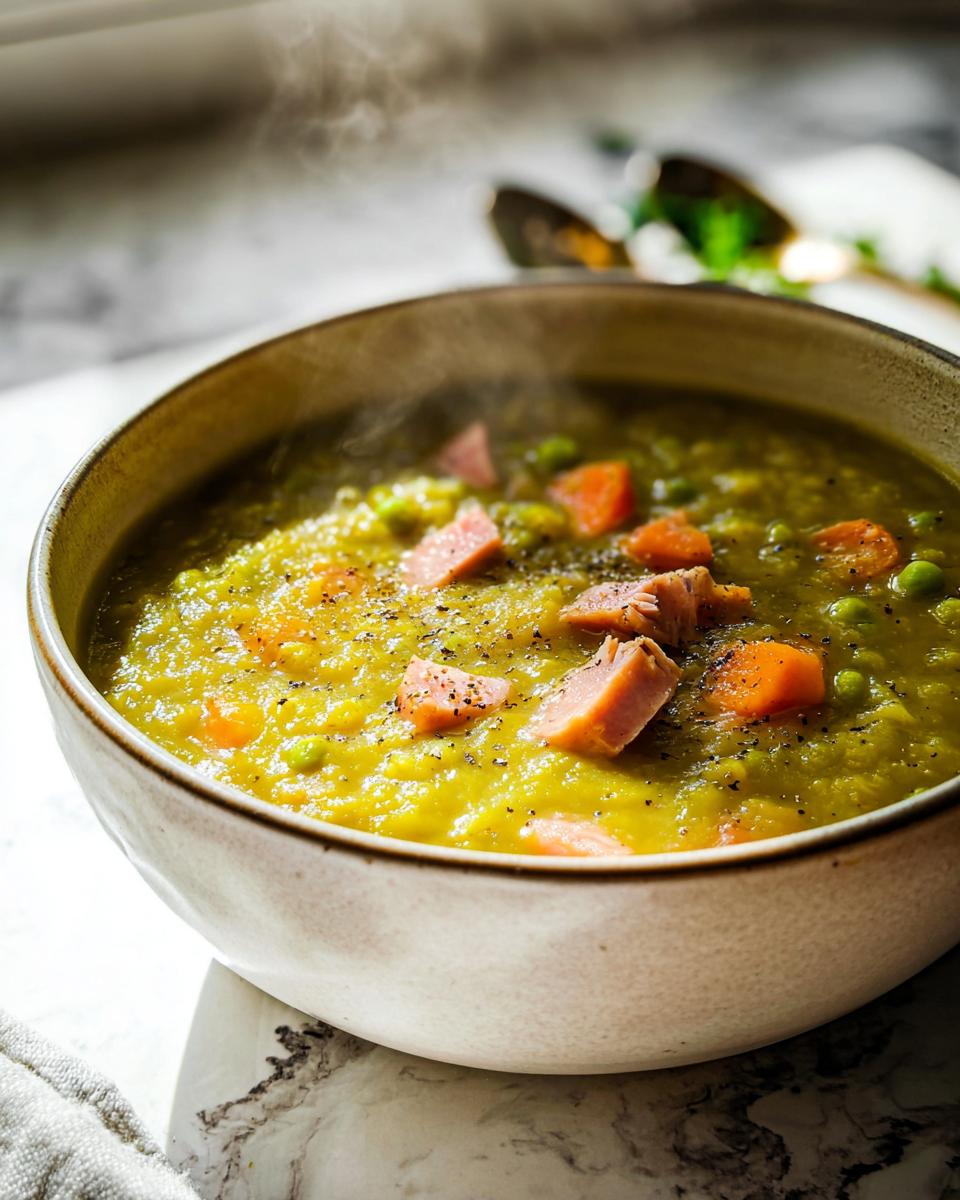 A steaming bowl of split pea soup with chunks of ham and carrots, seasoned with black pepper.
