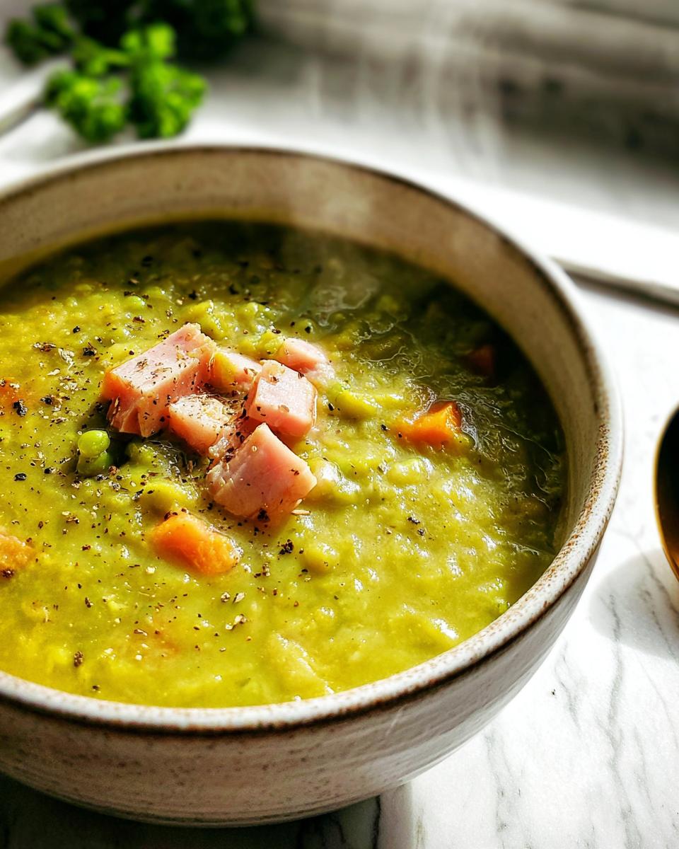 A close-up of a steaming bowl of split pea soup with diced ham and carrots, a perfect example of delicious soup recipes.