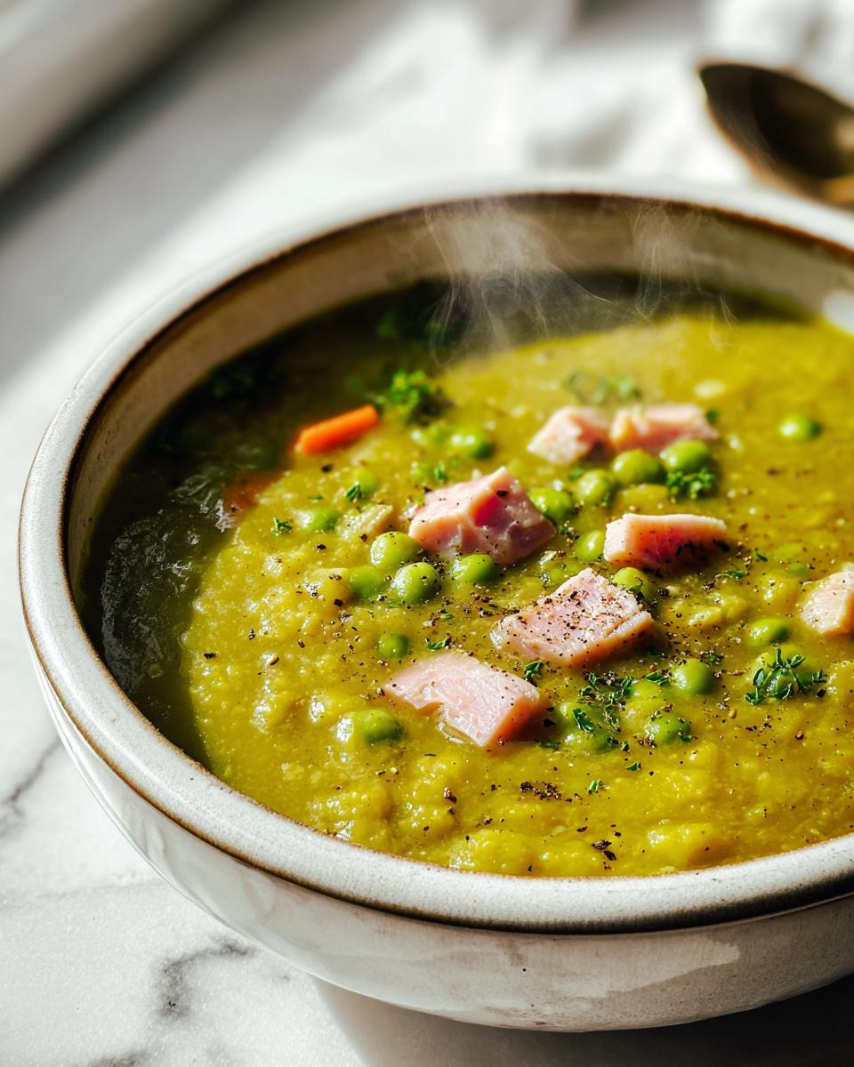 A steaming bowl of split pea soup with ham, peas, and carrots, seasoned with pepper and herbs.