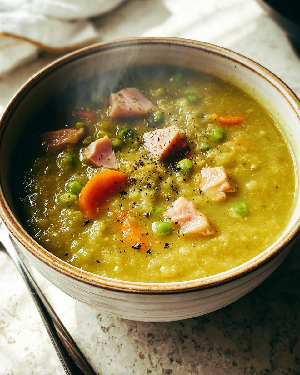 A steaming bowl of split pea soup recipe with chunks of ham, carrots, and peas, seasoned with black pepper.
