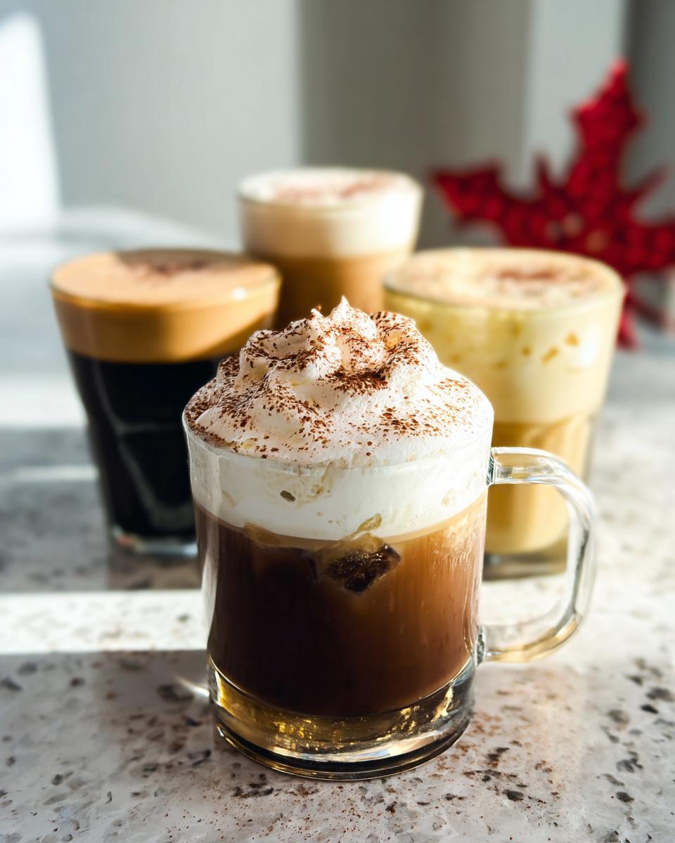 A close-up of an iced coffee topped with whipped cream and cocoa powder, part of a Starbucks Drinks Recipes collection.