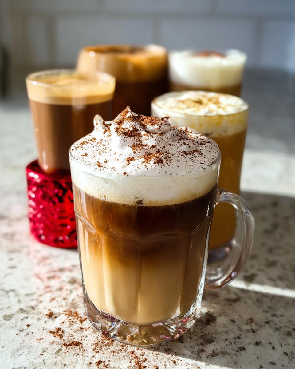 A collection of Starbucks drinks recipes, featuring a layered coffee with whipped cream and cocoa powder in the foreground.